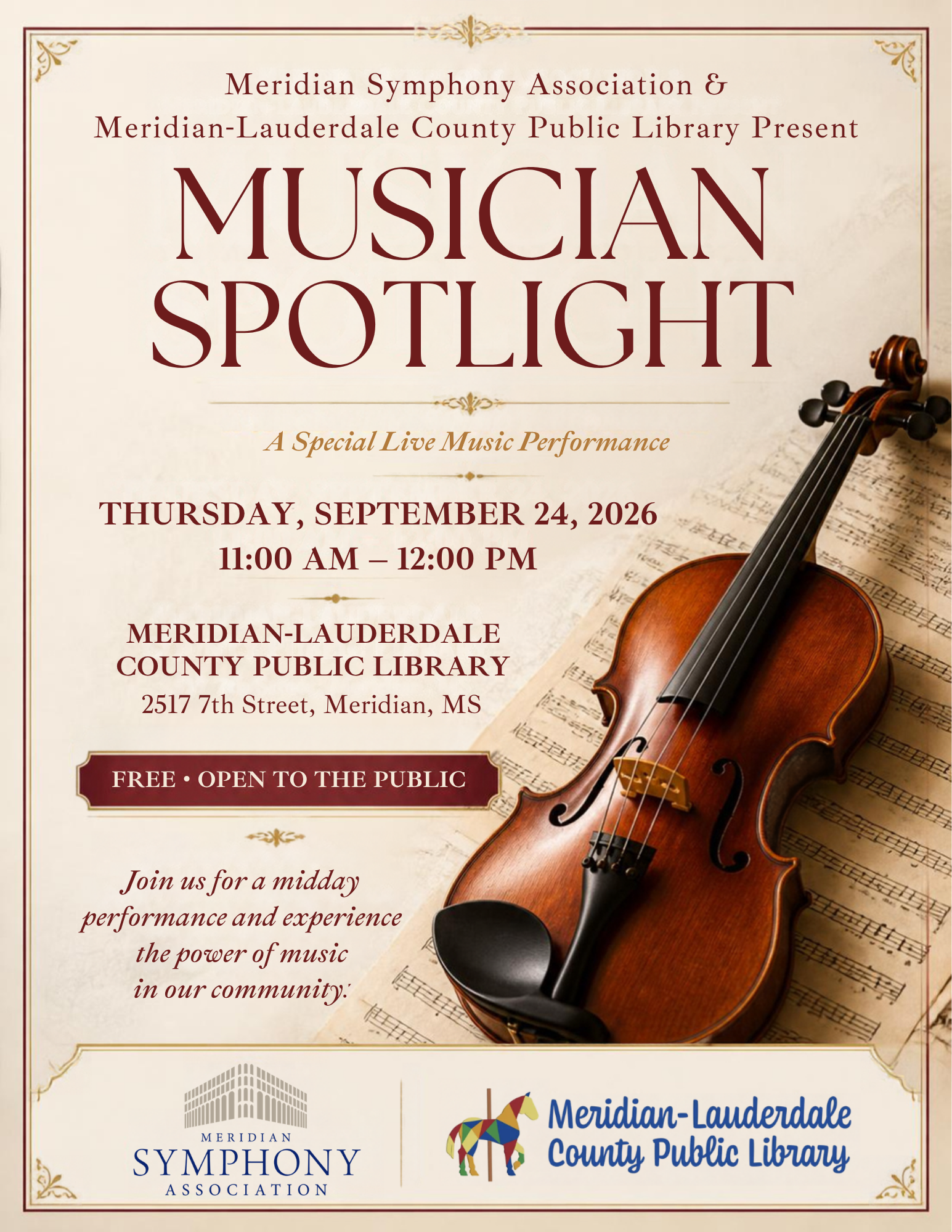 Musician Spotlight: Thursday, September 24, 2026 at 11:00 AM - 12:00 PM at the Meridian-Lauderdale County Public Library. Free and open to the public. Address: 2517 7th Street, Meridian, MS.